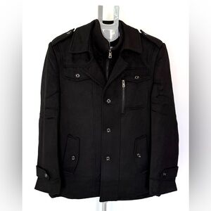 Aptro Men’s Wool Blend Military Style Pea Coat Black Size Large New with Tags